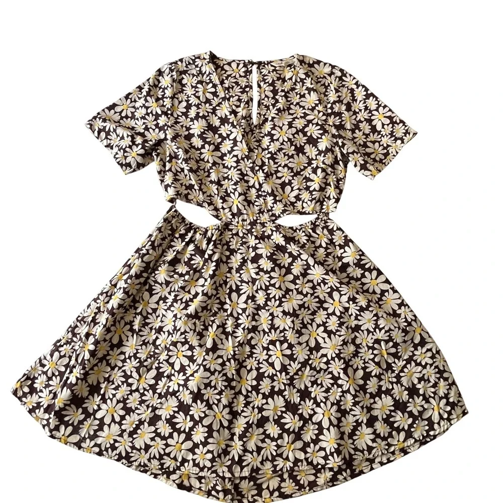 Indulge In Style Brown Daisy Floral Cut-Out Mini Dress Womens Large V-Neck Retro
